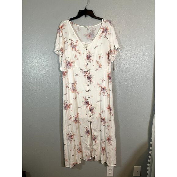 Mudd Dresses & Skirts - Mudd Dress Womens XL Floral White Boho Knee Length Short Sleeve V Neck Button